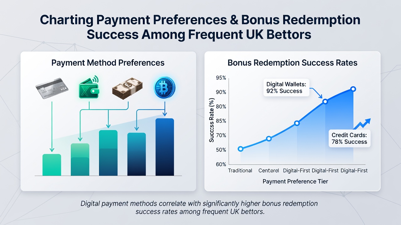 Bar chart comparing redemption success rates by payment method including cards, e-wallets, and bank transfers for UK frequent bettors